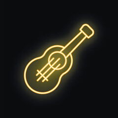 Neon sign shaped like an acoustic guitar is glowing on a black background