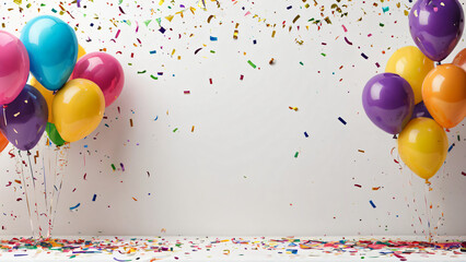 Zwei Gruppen bunter Ballons symmetrisch angeordnet mit Konfetti