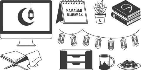Ramadan workspace decor elements for office desk design vector