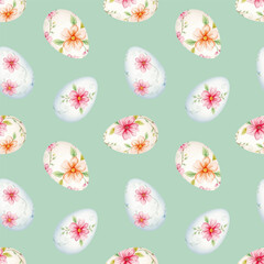 Seamless watercolor pattern with Easter eggs, delicate floral elements, in hand-painted style, for greeting cards, posters, wedding invitations, vector