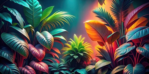 Vibrant Tropical Foliage Illuminated by Warm and Cool Light Sources, Creating a Lush and Dramatic Scene of Exotic Plants