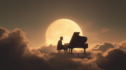A pianist in silhouette against a giant glowing moon, sitting on a platform above the clouds dreamlike fantasy concert scene