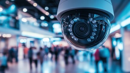 A close-up of a surveillance camera with a blurred crowd in the background, illustrating security and monitoring in a modern environment.