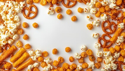 A variety of tasty snacks arranged in a circle on a white background