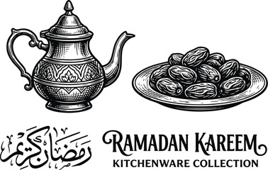 Ramadan kitchenware set with brass teapot and dates plate vector