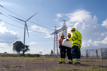 Workers discuss plans near a wind turbine and power lines on a clear day in a rural area