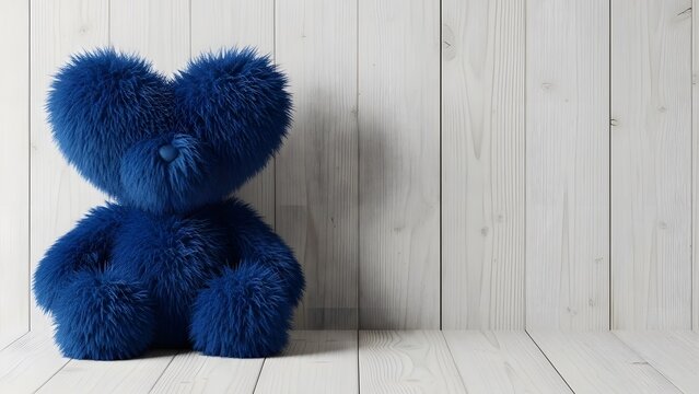 A blue teddy bear with heart shaped ears sitting on a white wooden floor against a white wooden wall with vertical panels background - Powered by Adobe