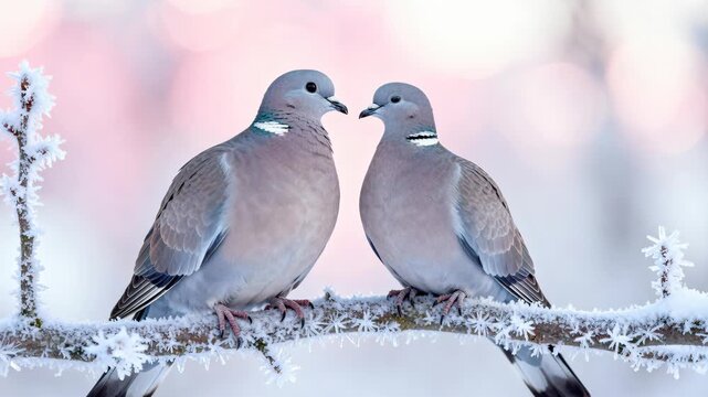 Two collared doves sit close on a frost-covered branch with soft pastel bokeh in the background. The birds nuzzle and touch beaks in a quiet winter scene that conveys tenderness and calm natural atmos