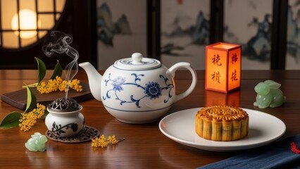 Traditional chinese tea time with mooncake