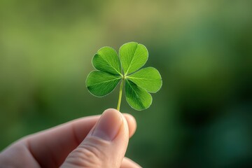 A close-up of a hand holding a vibrant green four-leaf clover against a blurred green background, symbolizing luck and nature.