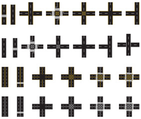 City road and highway top view. Signal and junction box with curve roadway parts of single and double roads. Transport icons. Aerial view of asphalt street and Road from above with footpaths and cross