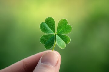 A close-up of a person holding a four-leaf clover, symbolizing luck against a soft green background.