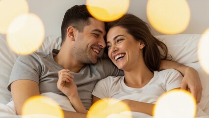 Happy young couple laughing together in bed. Romantic man and woman enjoying cozy morning at home with bokeh lights