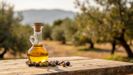 Olive oil and olives on a wooden table against a field of olive trees at sunset