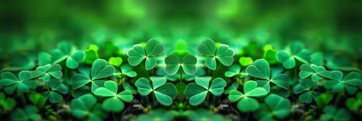 A vibrant field of green clovers, showcasing their heart-shaped leaves in a lush, natural setting.