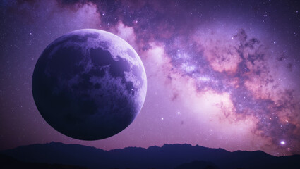 A vibrant purple planet over a purple galaxy nebula background. Cinematic cosmic fantasy.