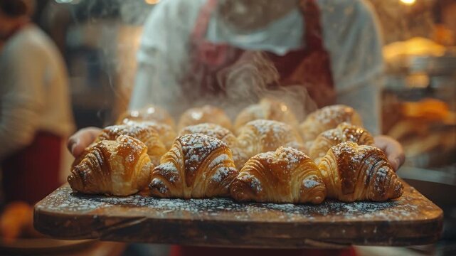 A person holds a tray of warm croissants covered in powdered sugar. This scene takes place in a busy bakery during the morning hours as customers wait for fresh pastries