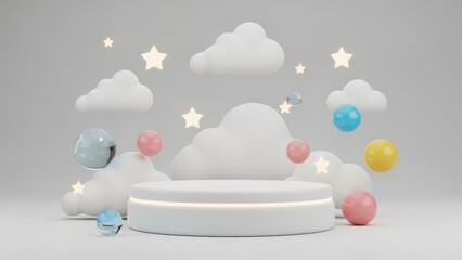 Dreamy white pedestal surrounded by fluffy clouds and stars