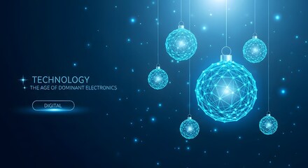 Modern Technology Christmas Background with Glowing Blue Low Poly Christmas Baubles and Sparkling Digital Lights