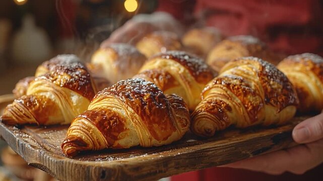 A person holds a wooden tray filled with warm croissants. They are golden brown and have steam rising. This scene takes place in a home setting, likely during a breakfast event