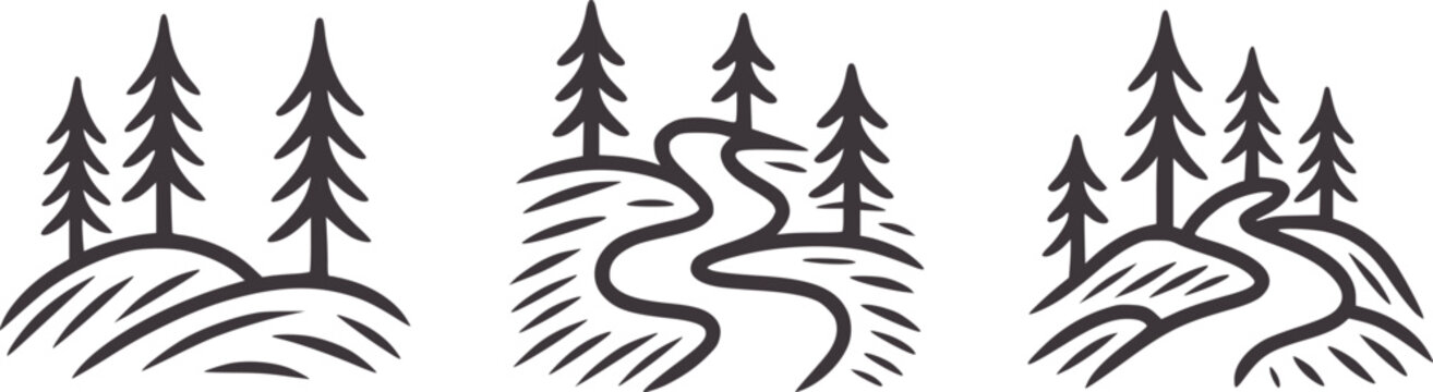Three minimalist of pine trees and winding rivers stream