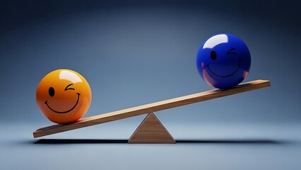 AI-powered Sentiment Analysis & User Insight, Two winking faces balance on scales,Glossy orange and blue winking smiley balls on a tilted wooden