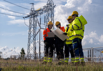 Workers plan a project near power lines and wind turbines in a field on a sunny day with clouds in the sky