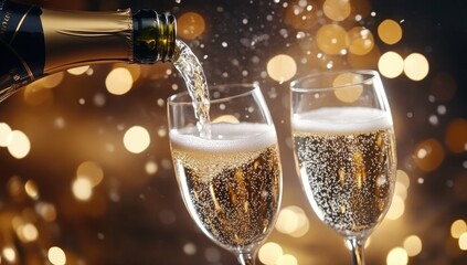Two champagne glasses are being filled with bubbly liquid, set against a backdrop of sparkling lights, creating a festive atmosphere.