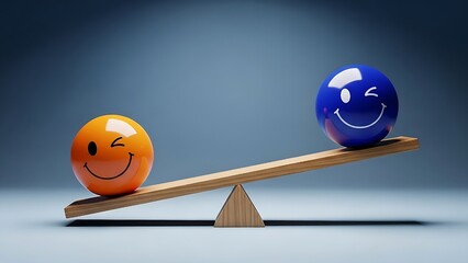 AI-powered Sentiment Analysis & User Insight, Two winking faces balance on scales,Glossy orange and blue winking smiley balls on a tilted wooden