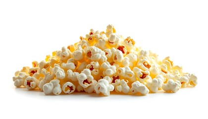 A large pile of freshly popped popcorn on a white background