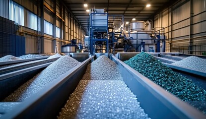 The image shows various colored glass materials arranged in trays within an industrial facility, showcasing a production or recycling process.