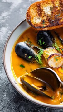 Delicious gourmet mussel soup in bowl. savory seafood stew with rich, warm broth, creating perfect, comforting meal and appetizing food for fine dining experience