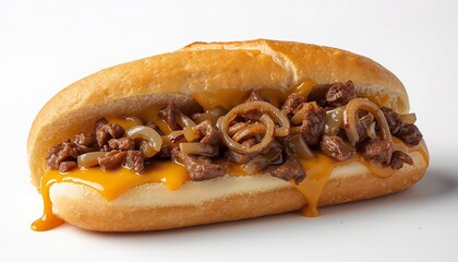A delicious cheesesteak sandwich with melted cheese and caramelized onions on a toasted hoagie roll