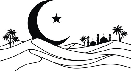 Crescent moon rising over desert dunes vector landscape
