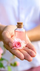 Close Up Of A Hand Holding A Small Glass Bottle Of Pink Liquid With A Pink Rose And Green Leaves Outdoors In Soft Sunlight