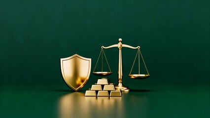 Minimal dark green matte background with golden shield icon, gold balance scale, gold bars, gold shield, financial security and protection concept, financial stability, central bank aesthetics 