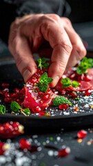 Chef Garnishing Thinly Sliced Red Meat Carpaccio With Fresh Mint Leaves And Pomegranate Seeds On A Dark Slate Plate With Dramatic Lighting