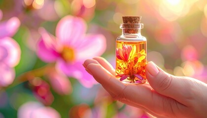Close Up Of A Hand Holding A Small Glass Bottle Filled With Amber Liquid And Dried Flowers With Pink Flowers Blurred In The Background At Golden Hour