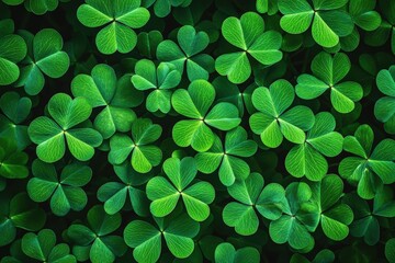 A vibrant top-down view of lush green clovers, showcasing their distinct leaf shapes and rich textures.
