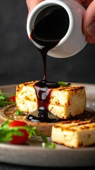 Grill Master Carefully Drizzles Dark Balsamic Glaze Over Golden Brown Pan Seared Halloumi Cheese Stacked on Wooden Board with Fresh Herbs and Cherry Tomatoes in Soft Studio Lighting