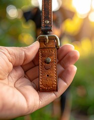 Close Up Of A Hand Holding A Brown Leather Dog Leash Clip With Outdoor Green Bokeh Background And Golden Sun Flare