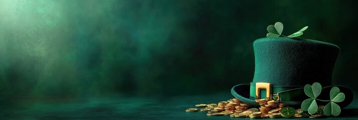 A green leprechaun hat adorned with shamrocks sits beside gold coins on a dark background, evoking a festive St. Patrick's Day theme.