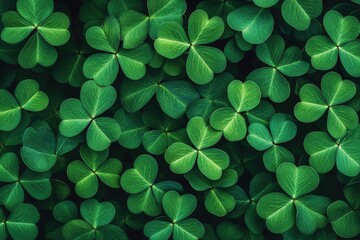 A dense patch of vibrant green clover leaves, creating a lush and textured natural backdrop, symbolizing luck and vitality.