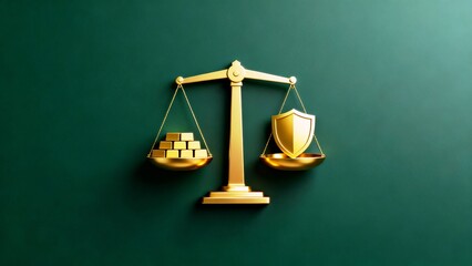 &bull;	Abstract gold balance scale gold bars gold shield scale icon on dark green matte background, ultra minimal financial justice and stability concept, financial stability, central bank aesthetics 