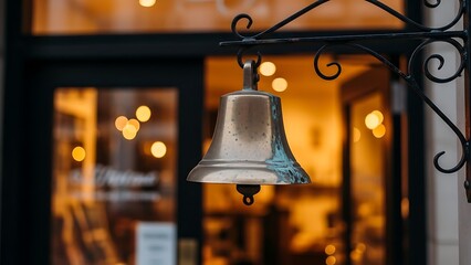 Traditional brass service bell hanging outside a shop door with warm bokeh lights in the window, concept of hospitality and retail