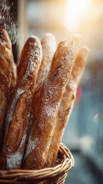 Fresh, crusty baguette bread in rustic basket, illuminated by warm golden sunlight. An appetizing traditional artisan loaf from bakery, creating cozy and inviting gourmet breakfast scene