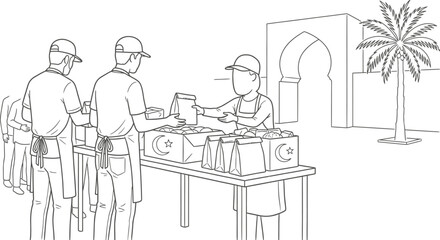Volunteers distributing food boxes during Ramadan vector illustration