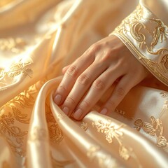 Close up of a woman's delicate hand gently touching soft golden satin fabric with ornate embroidered details elegant luxury and comfort