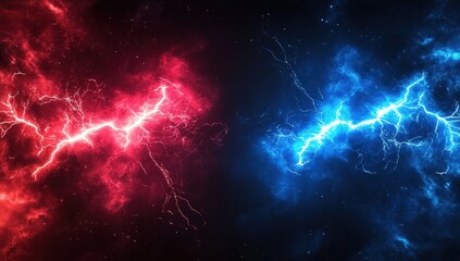 A vibrant depiction of contrasting red and blue lightning against a dark background, showcasing energy and power in an abstract cosmic setting.