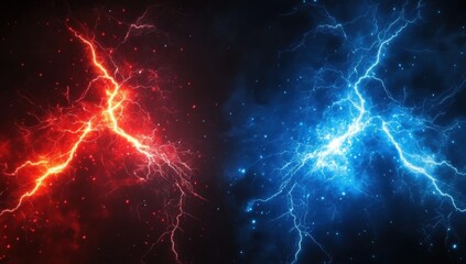 A striking image showcasing contrasting red and blue lightning bolts against a dark background, evoking energy and power.